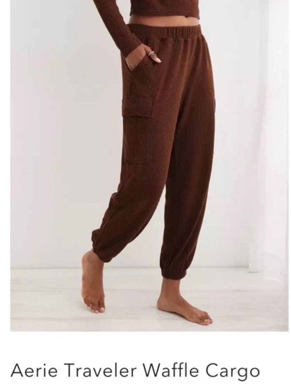 Aerie Waffle Knit Cargo Jogger Pants Womens XS Petite Brown Lounge Cozy